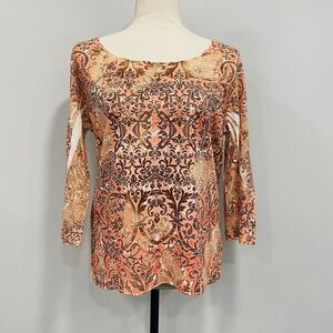 CHICO’S M Bohemian Paisley Coral Orange 3/4 Sleeve Pullover Top Beaded Sparkle 1